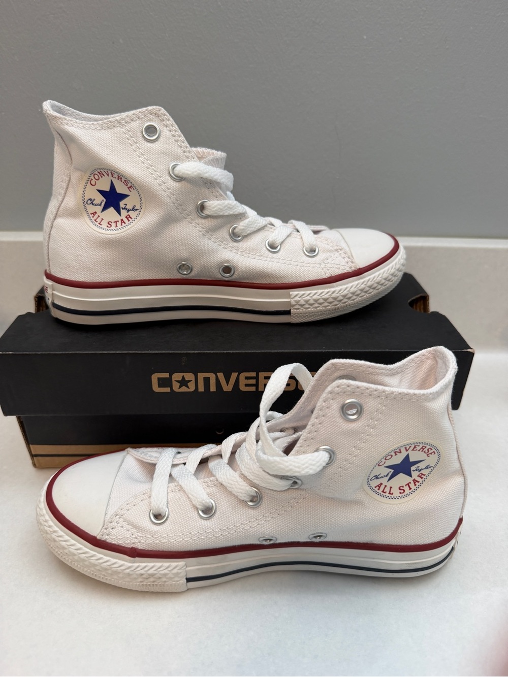 Converse Kids White High Top Sneakers with Red and Navy Stripes - Kids US 13.5
